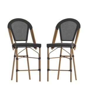 Merrick Lane Mael Bistro Style Stacking Counter Stools - Indoor/Outdoor Textilene Back and Seat - Natural Bamboo Finish Metal Frame - Set of Two - Black