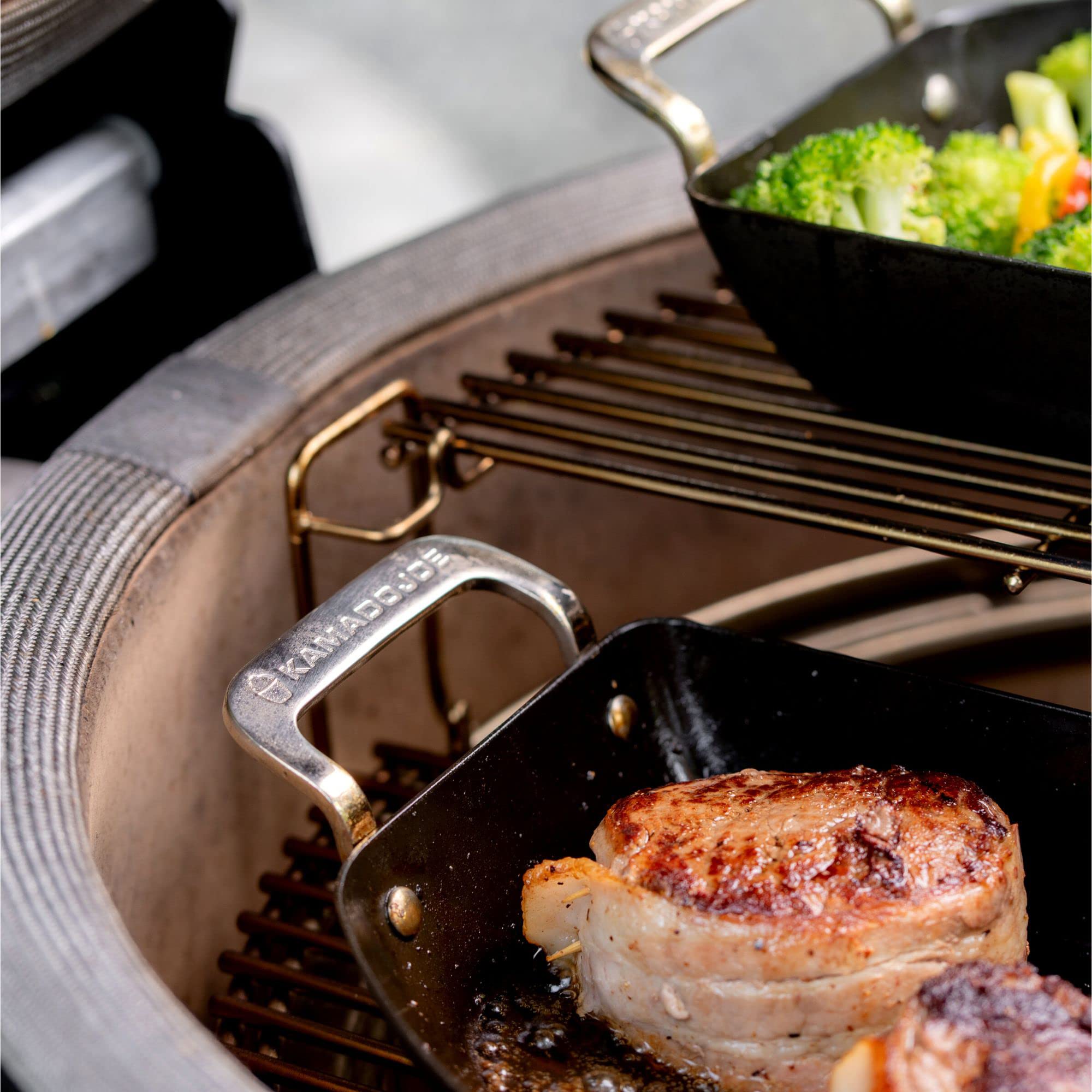 Kamado Joe Karbon Steel Pre-Seasoned Carbon Steel Non-Stick Half-Moon Pans with One Solid Pan and One Perforated Pan for Classic Joe and Big Joe Kamado Grills, Model KJ15124822