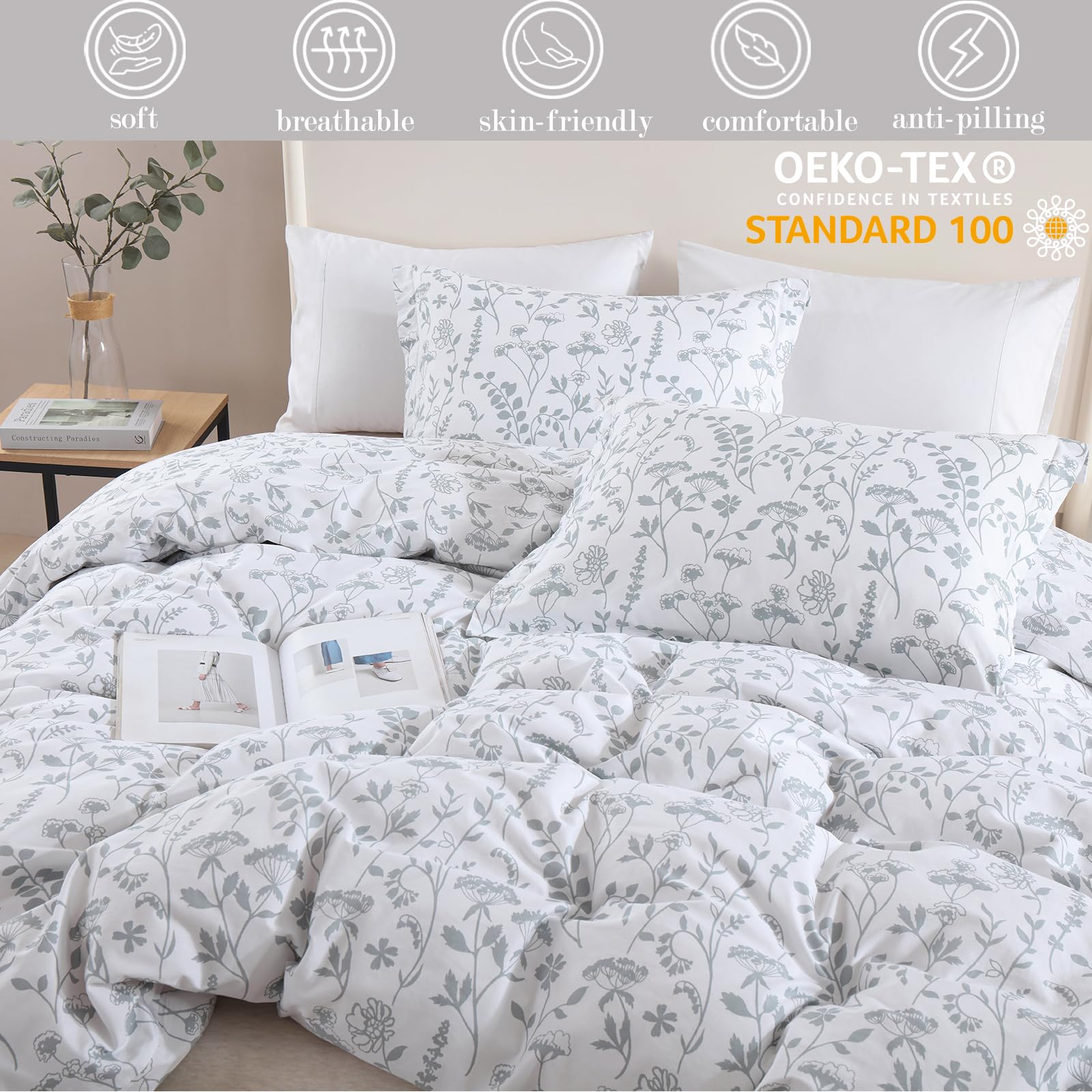 CozyQQ Cotton Duvet Cover King - 100% Cotton 400TC Soft Lightweight Summer King Duvet Cover Set, 3 PCS Floral Bedding Set, 1 King Duvet Cover & 2 Pillow Shams (104"x90", No Comforter)