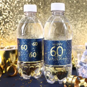 Navy Blue and Gold 60th Birthday Party Water Bottle Labels - 24 Count, 60th Birthday Decorations