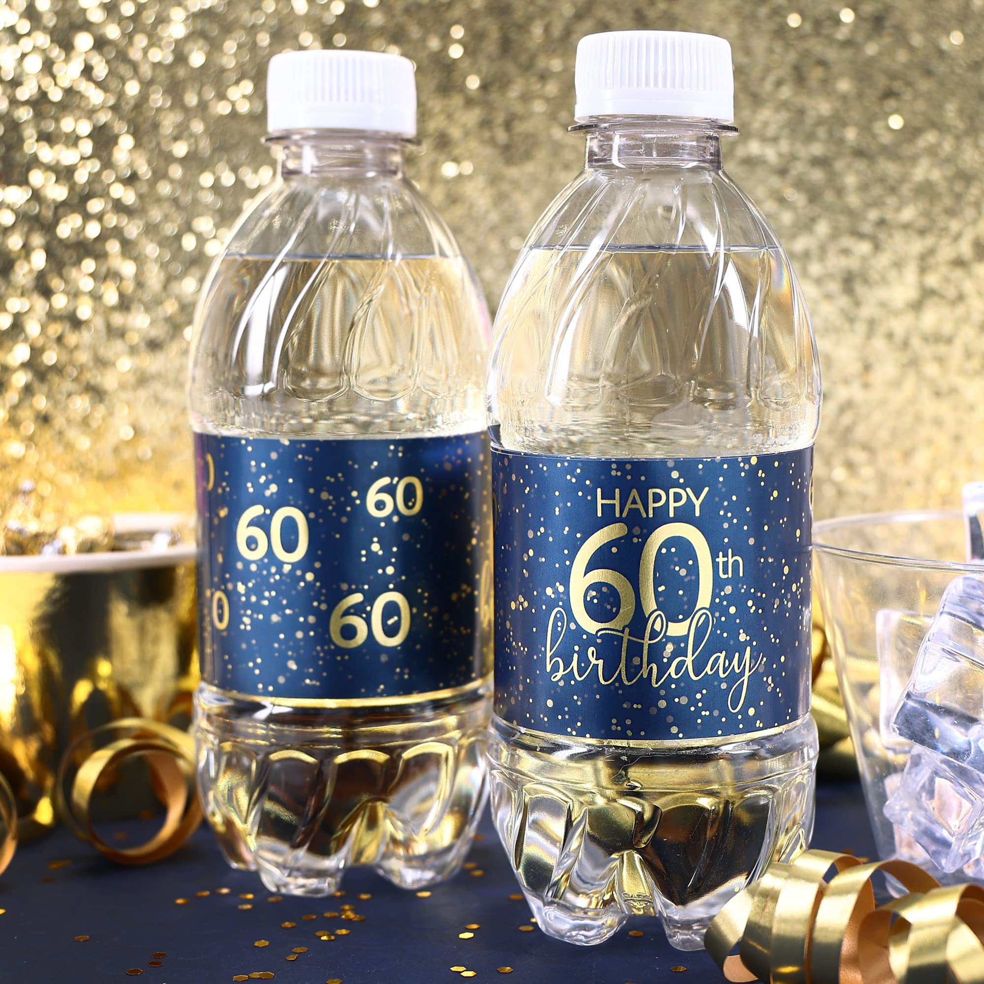 Navy Blue and Gold 60th Birthday Party Water Bottle Labels - 24 Count, 60th Birthday Decorations