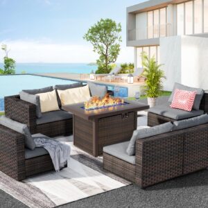 Grezone Patio Furniture Sets 7 Pieces with Fire Pit Table Patio Sectional Outdoor Furniture Sofa Chairs Set PE Rattan Wicker Couch Conversation Set with No-Slip Cushions Waterproof Covers Grey