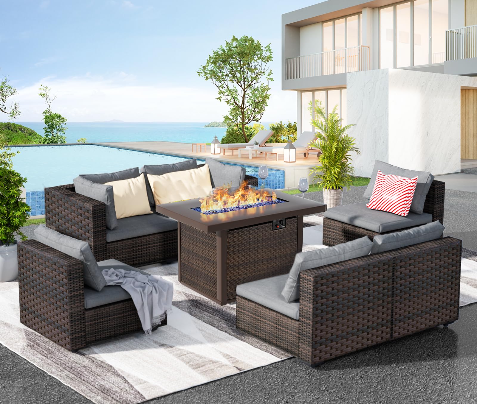 Grezone Patio Furniture Sets 7 Pieces with Fire Pit Table Patio Sectional Outdoor Furniture Sofa Chairs Set PE Rattan Wicker Couch Conversation Set with No-Slip Cushions Waterproof Covers Grey