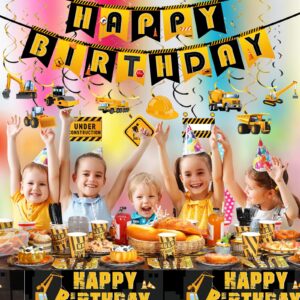 Ctosree 179 Pieces Construction Birthday Party Supplies Dump Truck Party Decorations for Boys Kids Included Banner Tablecloth Hanging Swirls Plates Cups Napkins Forks Spoons Knife Tableware Set for 24