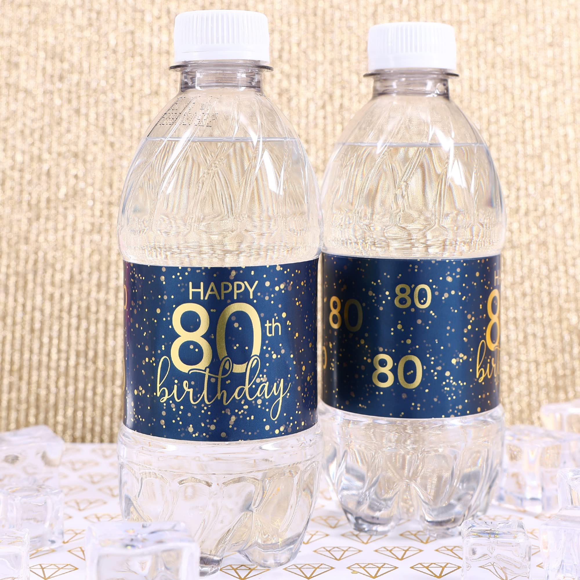 Navy Blue and Gold Happy 80th Birthday Party Water Bottle Labels - 24 Waterproof Stickers