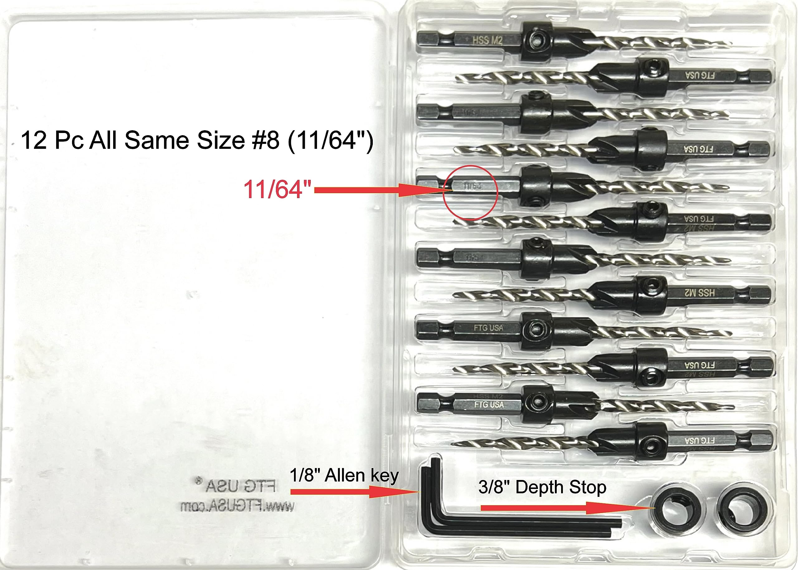 FTG USA Countersink Drill Bit Set for Wood with Tapered Drill Bit 12 Pc #8 (11/64")