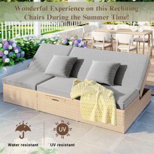 Merax Patio Conversation Set, Outdoor Double Sunbed Wicker Rattan Patio Reclining Chairs with Adjustable Backrest and Seat, Brown