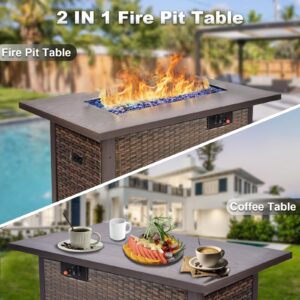 Grezone Patio Furniture Sets 7 Pieces with Fire Pit Table Patio Sectional Outdoor Furniture Sofa Chairs Set PE Rattan Wicker Couch Conversation Set with No-Slip Cushions Waterproof Covers Grey