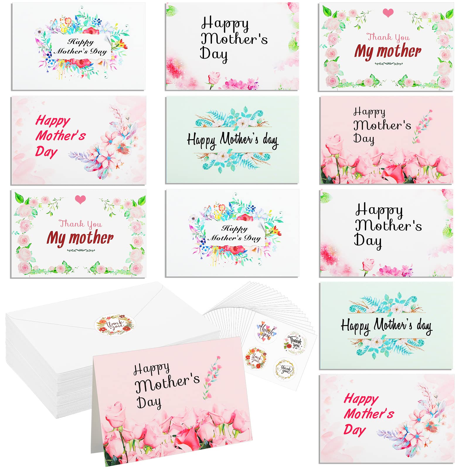 Faccito 24 Sets Mother's Day Greeting Cards with Envelopes Stickers Mother's Day Cards Bulk 5.9 x 3.9 Inches Mother Birthday Card 6 Assorted Happy Mother's Day Loving Small Note Card for Birthday Gift