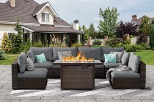 grezone patio furniture sets 7 pieces with fire pit table patio sectional outdoor furniture sofa chairs set pe rattan wicker couch conversation set with no-slip cushions waterproof covers grey