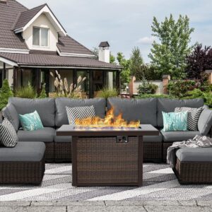 Grezone Patio Furniture Sets 7 Pieces with Fire Pit Table Patio Sectional Outdoor Furniture Sofa Chairs Set PE Rattan Wicker Couch Conversation Set with No-Slip Cushions Waterproof Covers Grey