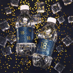 Navy Blue and Gold 18th Birthday Party Water Bottle Labels, Waterproof Sticker - 24 Count, 18th Birthday Decorations