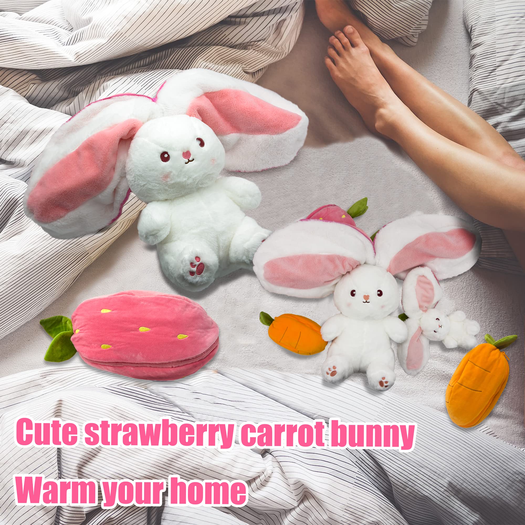 YOUBLEK Bunny Stuffed Animal,Strawberry Reversible Cuddle Bunny Plush Doll with Zipper Cute Soft Rabbit Toys Pillow for Kids and Adults Easter Bunnies Plushies Gifts (Strawberry, 7.09 inches)