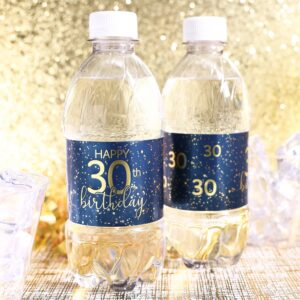 Navy Blue and Gold 30th Birthday Party Water Bottle Labels - 24 Waterproof Stickers, 30th Birthday Party Favors