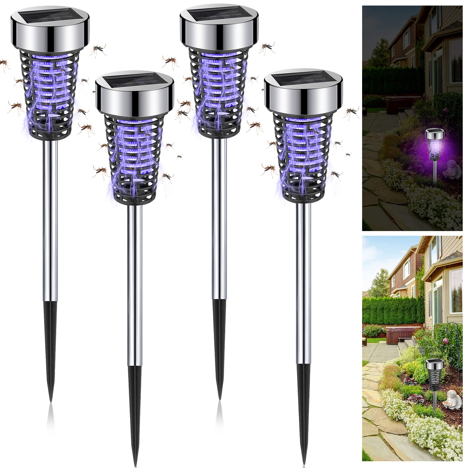 Qualirey 4 Pack Solar Bug Zapper Outdoor Mosquito Waterproof LED Light Mosquito Repellent/Killer Bug Zapper for Indoor Outdoor Patio Yard