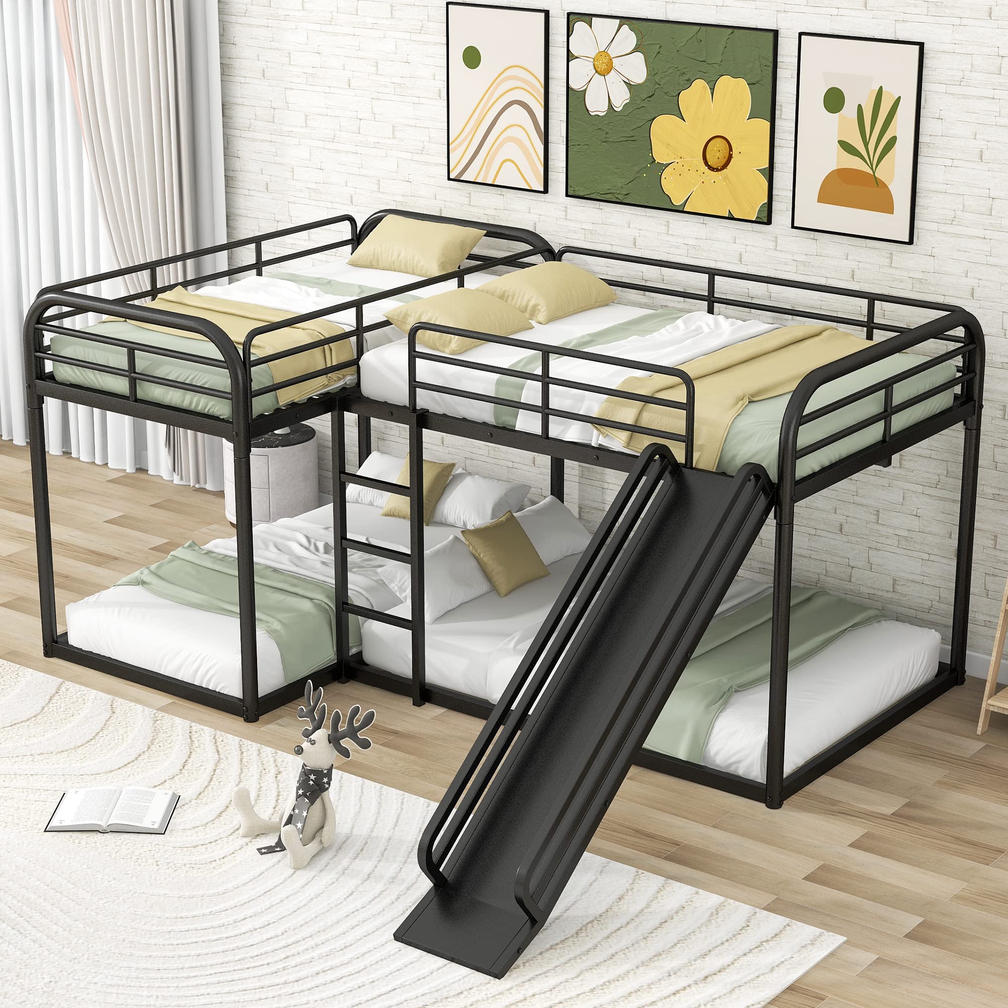 Quad Bunk Bed with Slide, L Shaped Bunk Bed for 4, Heavy-Duty Metal Floor Bunk Bed Frame Full and Twin Size for Kids Teens Girls Boys (Black)