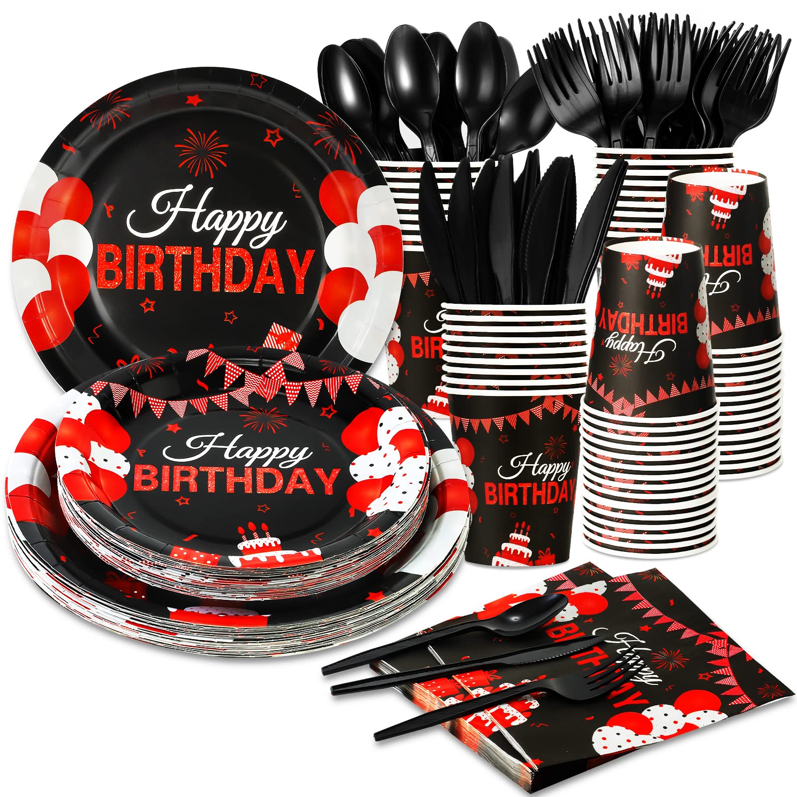 168 Pcs Black and Red Birthday Party Supplies Tableware Set Happy Birthday Plates, Knife,Forks,Spoons, Cups and Napkins Table Decorations for Women Girls Birthday Party Decorations, 24 Guests