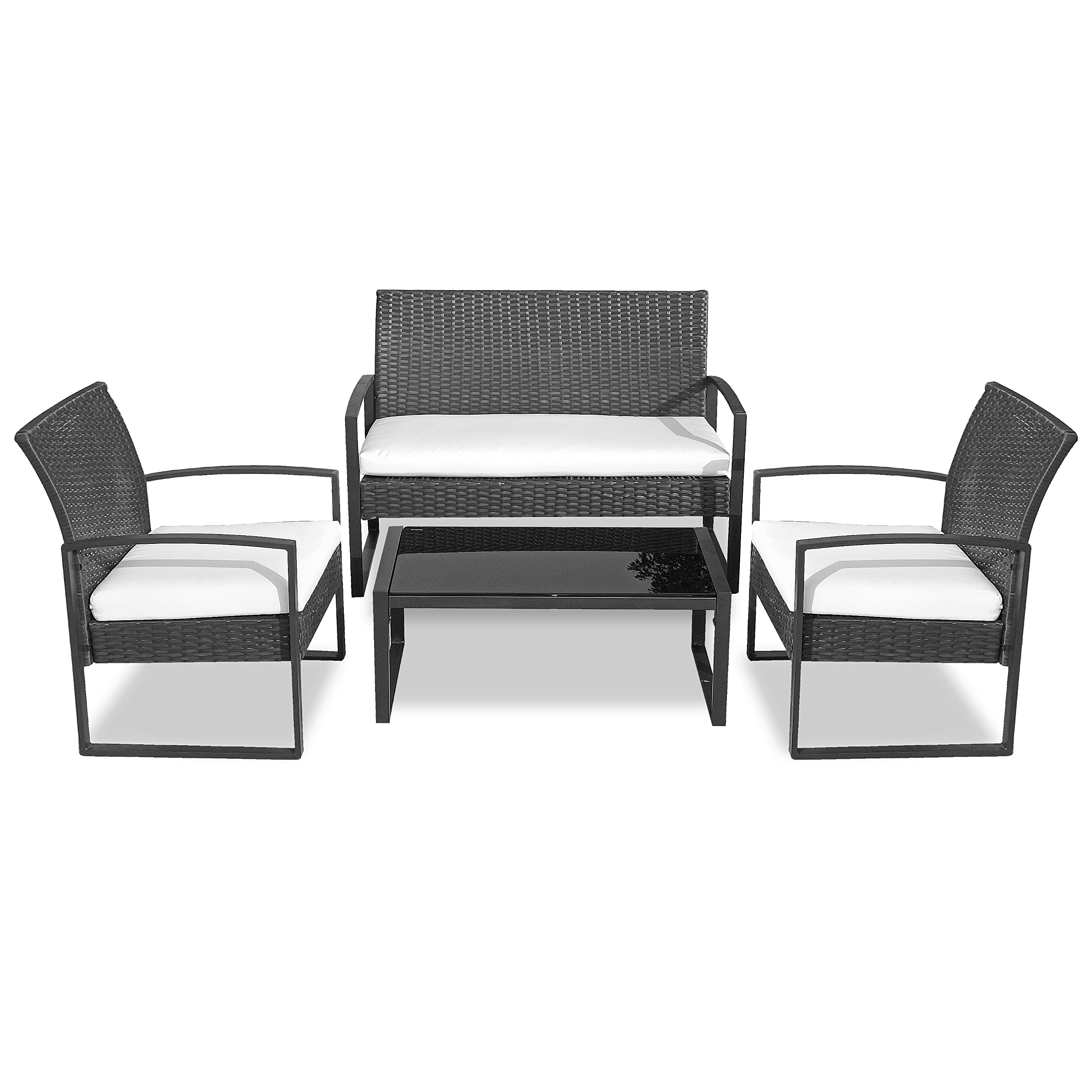 SereneLife Outdoor Living Rattan Furniture, Includes 1 Double & 2 Single Chairs with Cushion & 1 Glass-top Coffee Table 4 Piece Conversation/Chat Set, (Back), Off Black