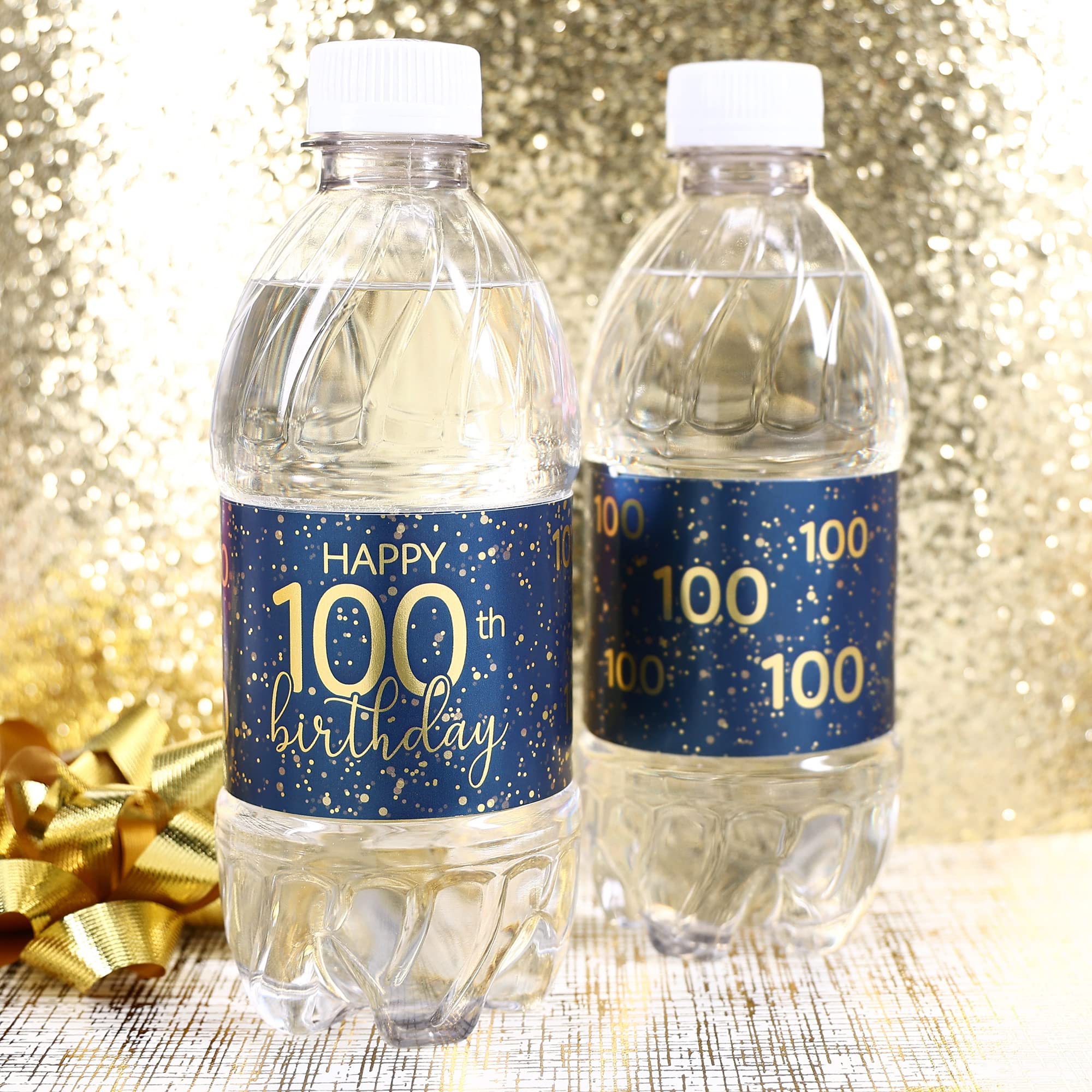 Navy Blue and Gold Happy 100th Birthday Party Water Bottle Labels - Waterproof Stickers - 24 Count