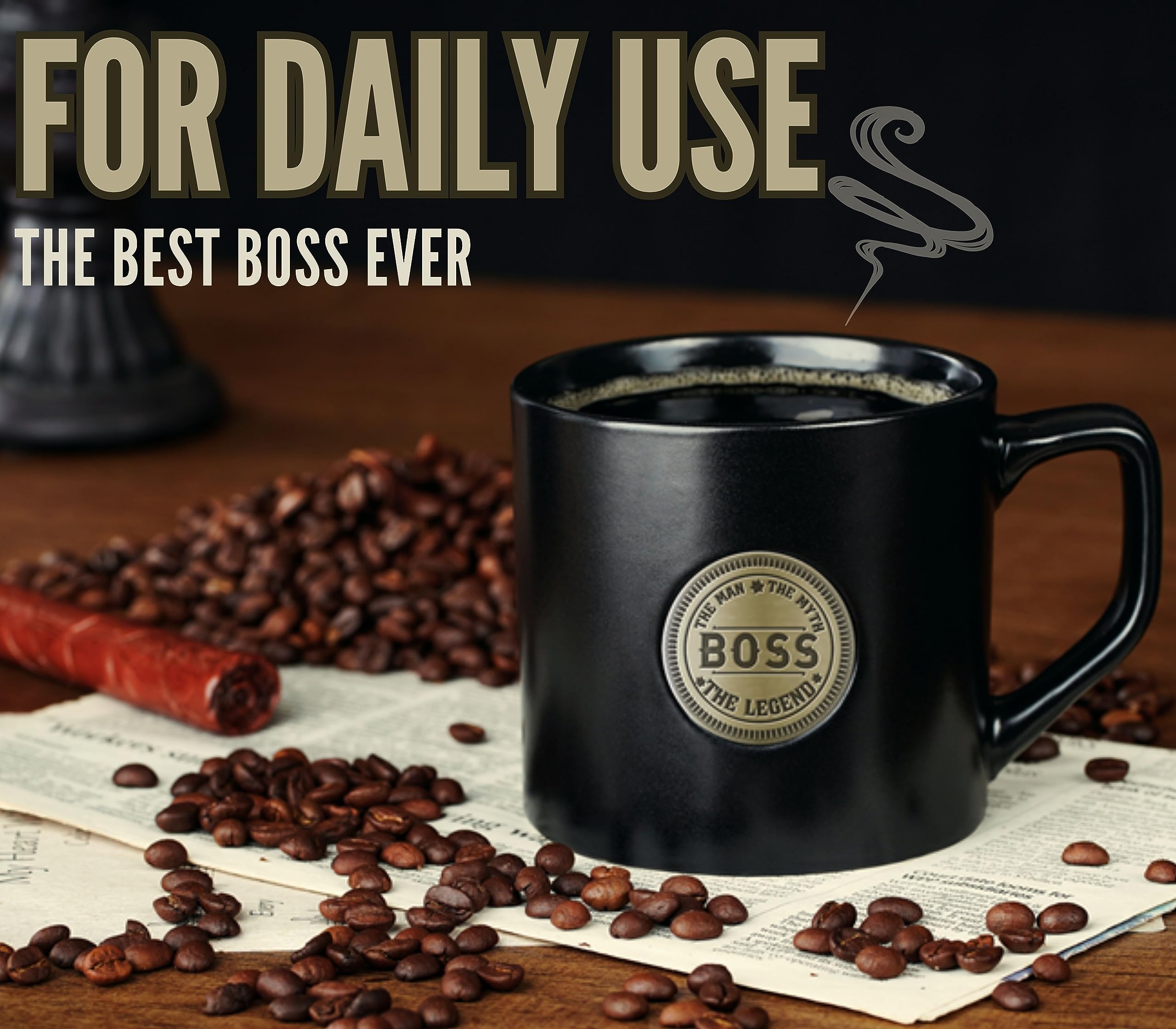 Onebttl Boss Gifts Coffee Mug for Men, Ceramic Mug with Golden Badge, 15oz/450ml Mug for Boss Day, Christmas, Retirement - Man Myth Legend