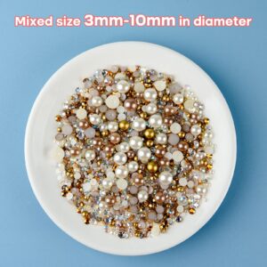 ASTARON 50g Mix Flatback Rhinestones Half Pearls for Craft Mixed Size 3mm-10mm Flat Back Rhinestones for Crafts Flatback Pearls for DIY Tumblers Mugs Nail Art Shoes Clothes (Champagne Gold Series)