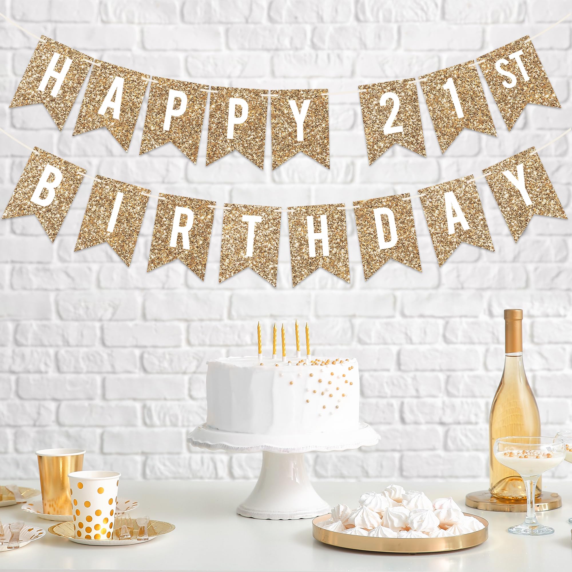 Pre-Strung Happy 21st Birthday Banner - NO DIY - Gold Glitter 21st Birthday Party Banner For Men & Women - Pre-Strung Garland on 6 ft Strands - Gold Birthday Party Decorations & Decor. Did we mention