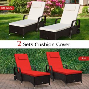 Tangkula Patio Wicker Chaise Lounge Chair with Wheels, Adjustable Rattan Reclining Chair with Armrests & Cushions, Red & Off White Cover, Outdoor Recliner Chair for Pool Deck Beach Backyard (1, Brown)