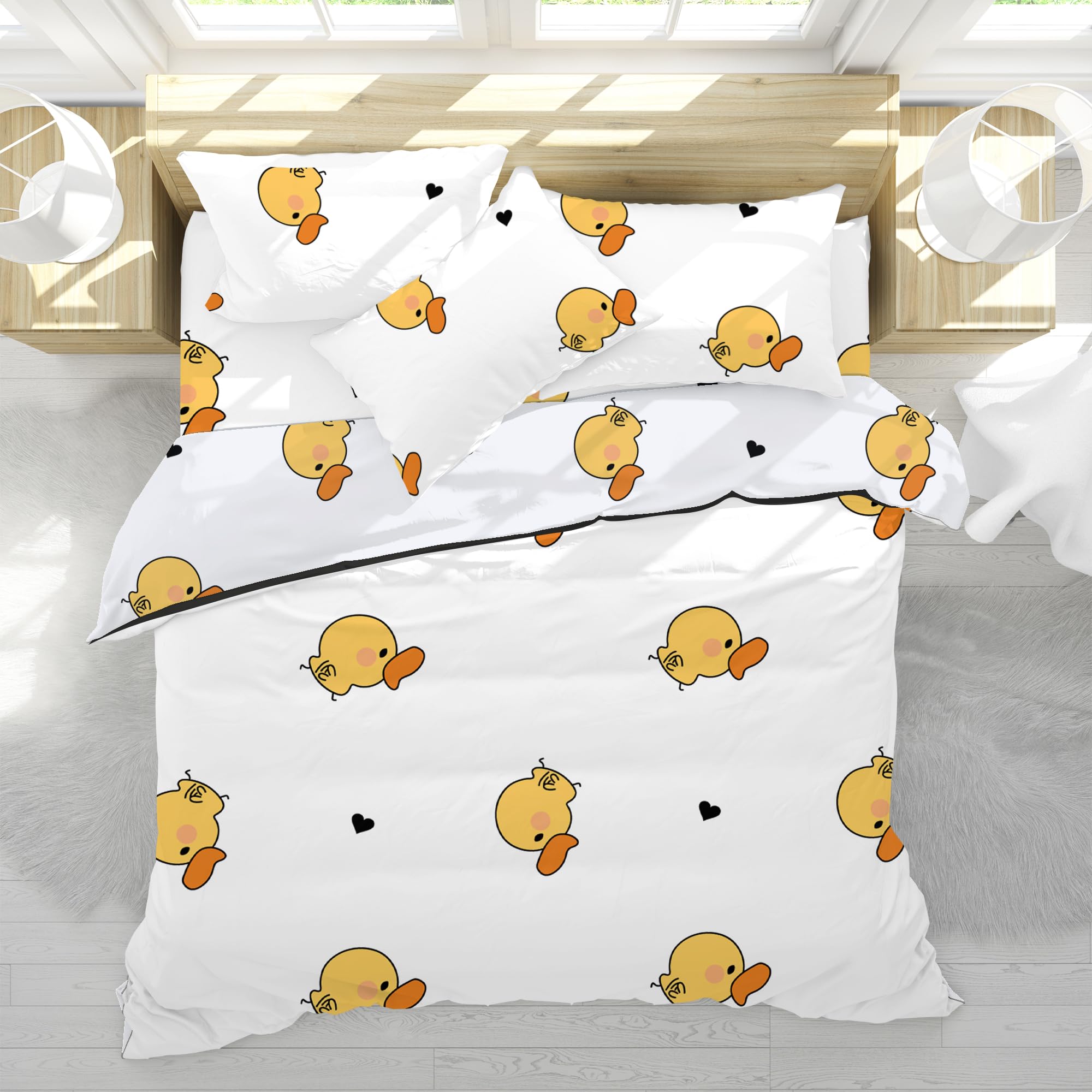 Peripus Duvet Cover Queen Size Bedding Sets – 4 Piece Machine Wash Bed Set with 1 Duvet Cover, 1 Bed Sheet & 2 Pillow Case, Polyester Fabric for All Seasons (Happy Duck)