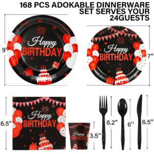 168 Pcs Black and Red Birthday Party Supplies Tableware Set Happy Birthday Plates, Knife,Forks,Spoons, Cups and Napkins Table Decorations for Women Girls Birthday Party Decorations, 24 Guests