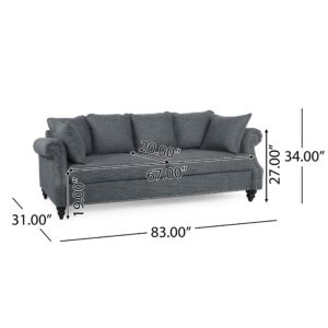 Christopher Knight Home Manbow Pillowback 3 Seater Sofa with Nailhead Trim - Charcoal/Dark Brown