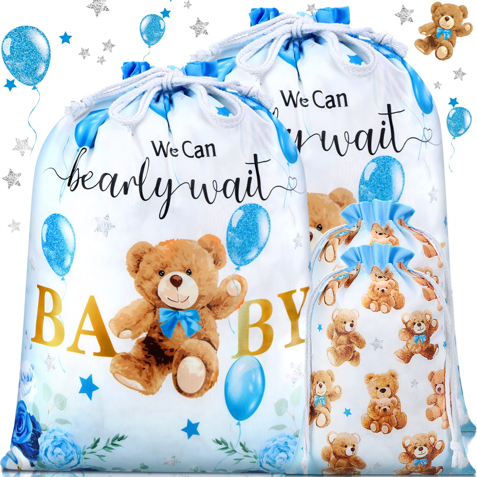 Chapou 4 Pcs Bear Baby Shower Drawstring Gift Bags Reusable Fabric Gift Bags We Can Bearly Wait Gift Bags 20 Inch Large 12 Inch Medium Gift Wrap Treat Bags for Baby Shower Birthday Gender Reveal Party