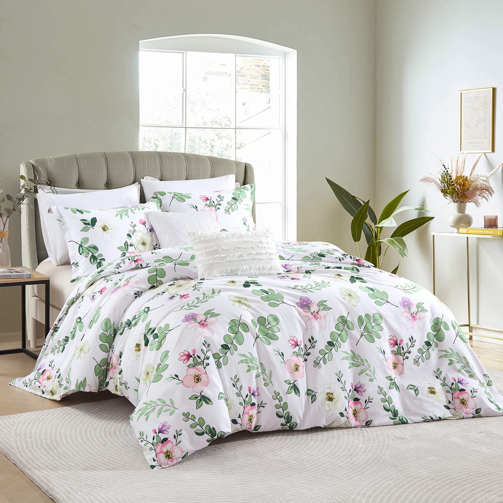 Bedduvit Botanical Duvet Cover King - White and Grey Floral King Duvet Cover Set,Breathable Minimalism Patterned Summer Duvet Cover King with Zipper Closure & 8 Ties (104"x90", No Comforter)