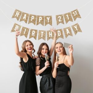 Pre-Strung Happy 21st Birthday Banner - NO DIY - Gold Glitter 21st Birthday Party Banner For Men & Women - Pre-Strung Garland on 6 ft Strands - Gold Birthday Party Decorations & Decor. Did we mention