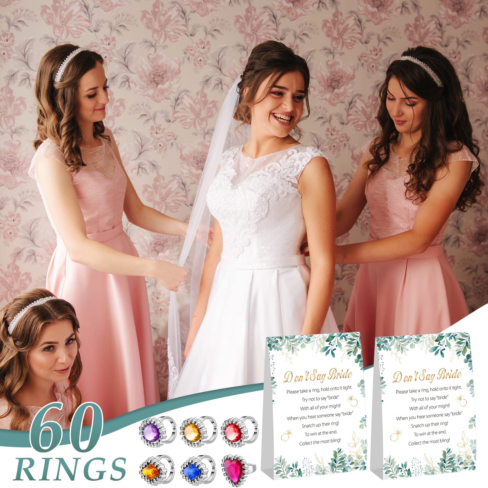 Geosar Ring Game Put a Ring on It Bridal Shower Games with Rings Dont Say Bride Game Rules and 60 Plastic Rings Bridal Shower Favors for Guests Wedding Shower Games(Colorful, Plant)