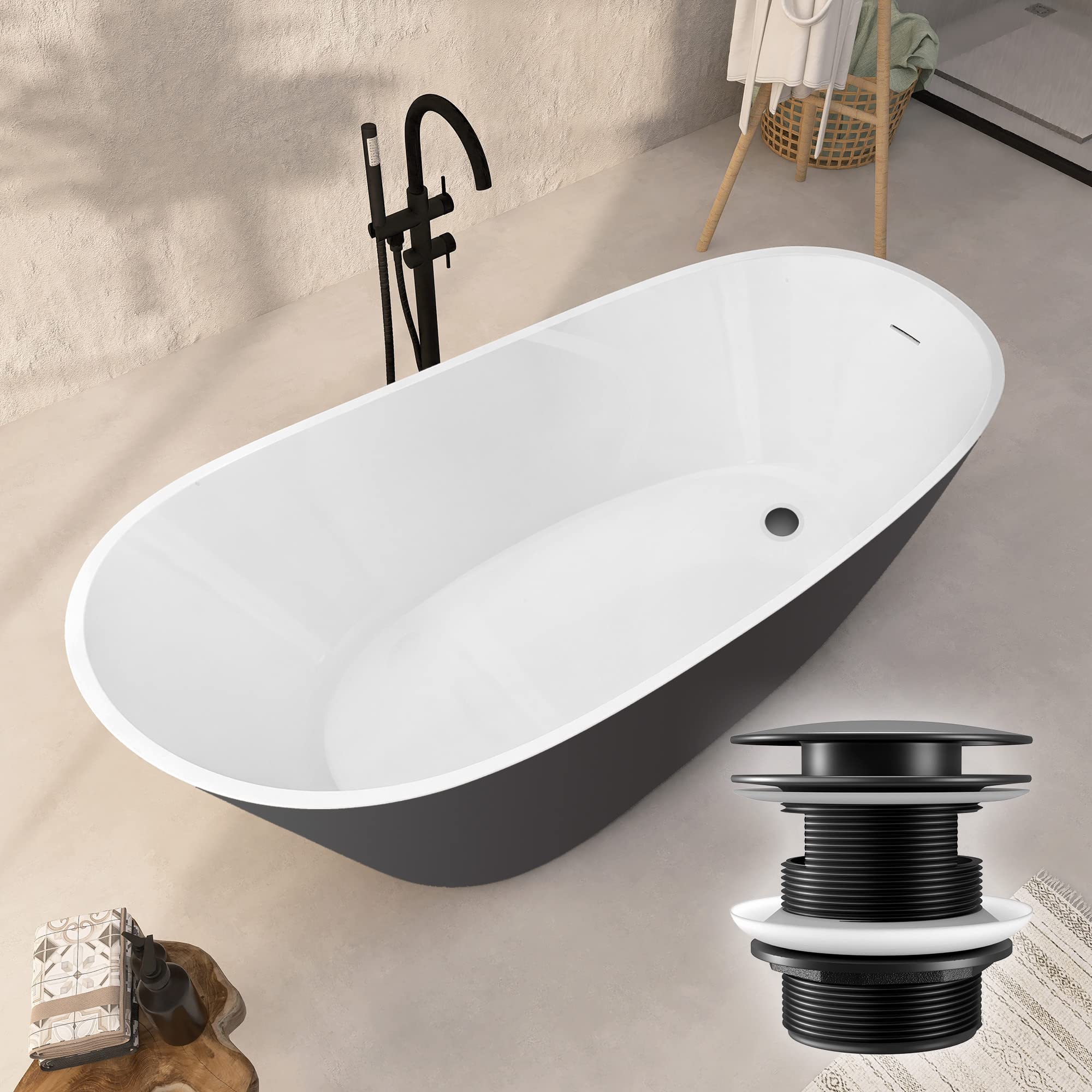 EXAKEY Freestanding Tub Drain with Removable Pop-up Free Standing Bathtub Drain Stopper Upgraded Stand Alone Tub Drain Basket for Soaking Anti-rust and Watertight Matte Black