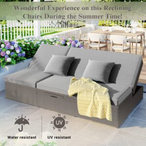 Merax Patio Conversation Set, Outdoor Double Sunbed Wicker Rattan Patio Reclining Chairs with Adjustable Backrest and Seat, Gray