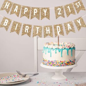 Pre-Strung Happy 21st Birthday Banner - NO DIY - Gold Glitter 21st Birthday Party Banner For Men & Women - Pre-Strung Garland on 6 ft Strands - Gold Birthday Party Decorations & Decor. Did we mention