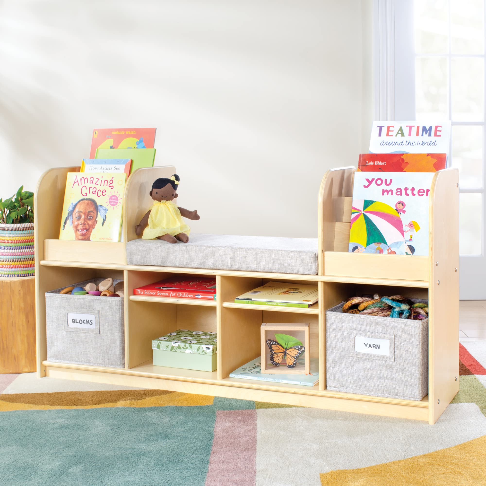 Guidecraft EdQ Reading Nook - Natural: Wooden Multi-Purpose Storage Bookcase and Toy Organizer; Kids' Birch Plywood Bedroom and Classroom Furniture