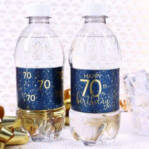 Navy Blue and Gold 70th Birthday Party Water Bottle Labels - 24 Waterproof Stickers