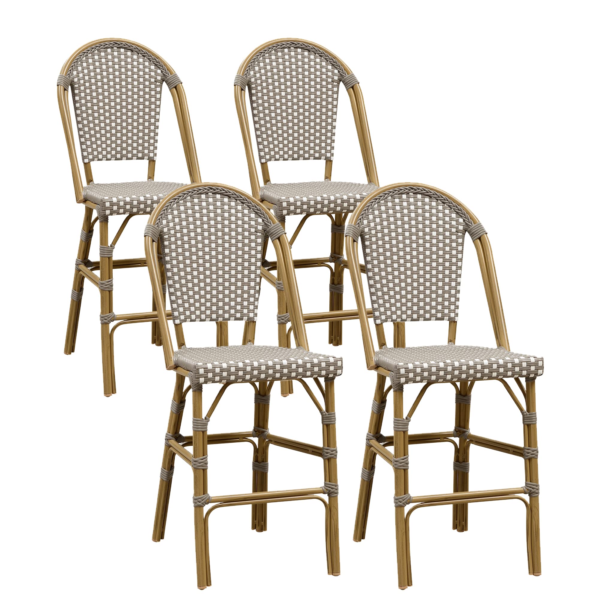 PURPLE LEAF French Counter Height Bar Stool Set of 4 25" Bamboo Print Finish Patio Bar Chairs with Back Rattan Bar Chairs French Bistro Set for Kitchen Outdoor Counter Stool Grey