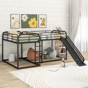 Quad Bunk Bed with Slide, L Shaped Bunk Bed for 4, Heavy-Duty Metal Floor Bunk Bed Frame Full and Twin Size for Kids Teens Girls Boys (Black)