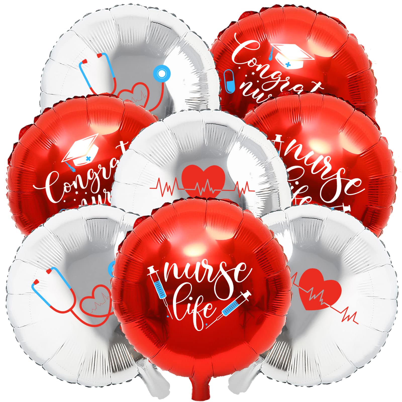 Whaline 24Pcs Nurse Graduation Balloons Set Congrats Nurse Party Balloons 18 Inch Red Silver Graduation Foil Balloons for Graduation Party Supplies Home School Backdrop Decorations