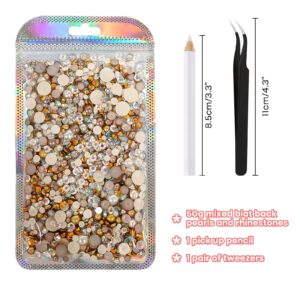 ASTARON 50g Mix Flatback Rhinestones Half Pearls for Craft Mixed Size 3mm-10mm Flat Back Rhinestones for Crafts Flatback Pearls for DIY Tumblers Mugs Nail Art Shoes Clothes (Champagne Gold Series)