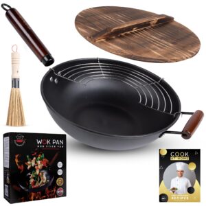 Küchenmeister 12.5-Inch Carbon Steel Wok Pan with Lid, Brush, Oil Strainer - Flat Bottom Woks & Stir Fry Pans Nonstick for Induction, Electric, Gas, Halogen Stoves