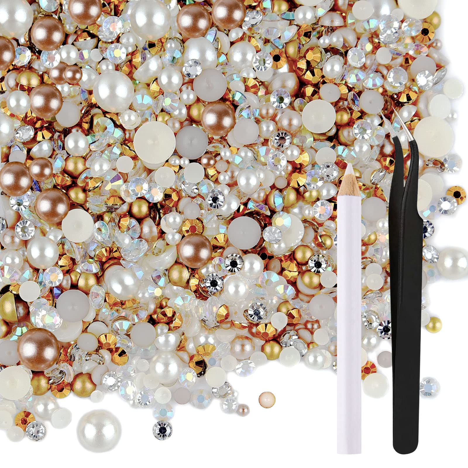 ASTARON 50g Mix Flatback Rhinestones Half Pearls for Craft Mixed Size 3mm-10mm Flat Back Rhinestones for Crafts Flatback Pearls for DIY Tumblers Mugs Nail Art Shoes Clothes (Champagne Gold Series)