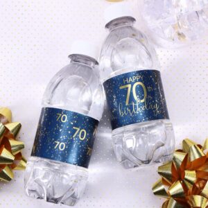 Navy Blue and Gold 70th Birthday Party Water Bottle Labels - 24 Waterproof Stickers