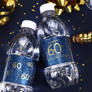 Navy Blue and Gold 60th Birthday Party Water Bottle Labels - 24 Count, 60th Birthday Decorations