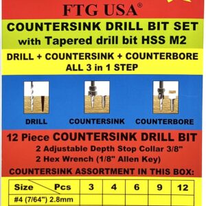 FTG USA Countersink Drill Bit Set for Wood with Tapered Drill Bit 12 Pc #8 (11/64")