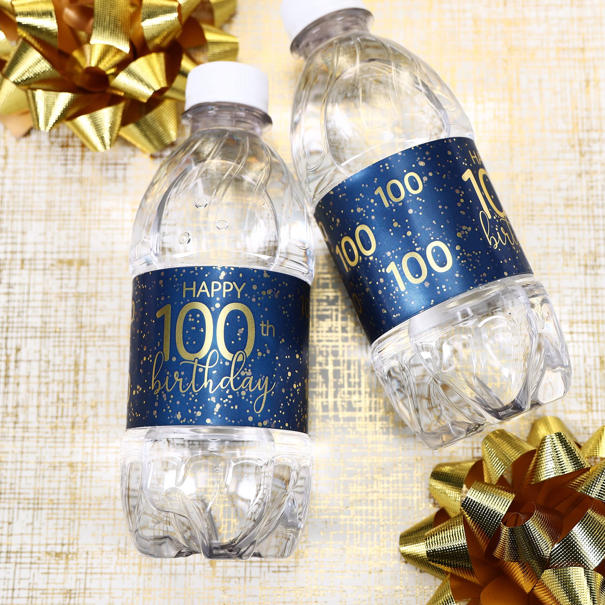 Navy Blue and Gold Happy 100th Birthday Party Water Bottle Labels - Waterproof Stickers - 24 Count