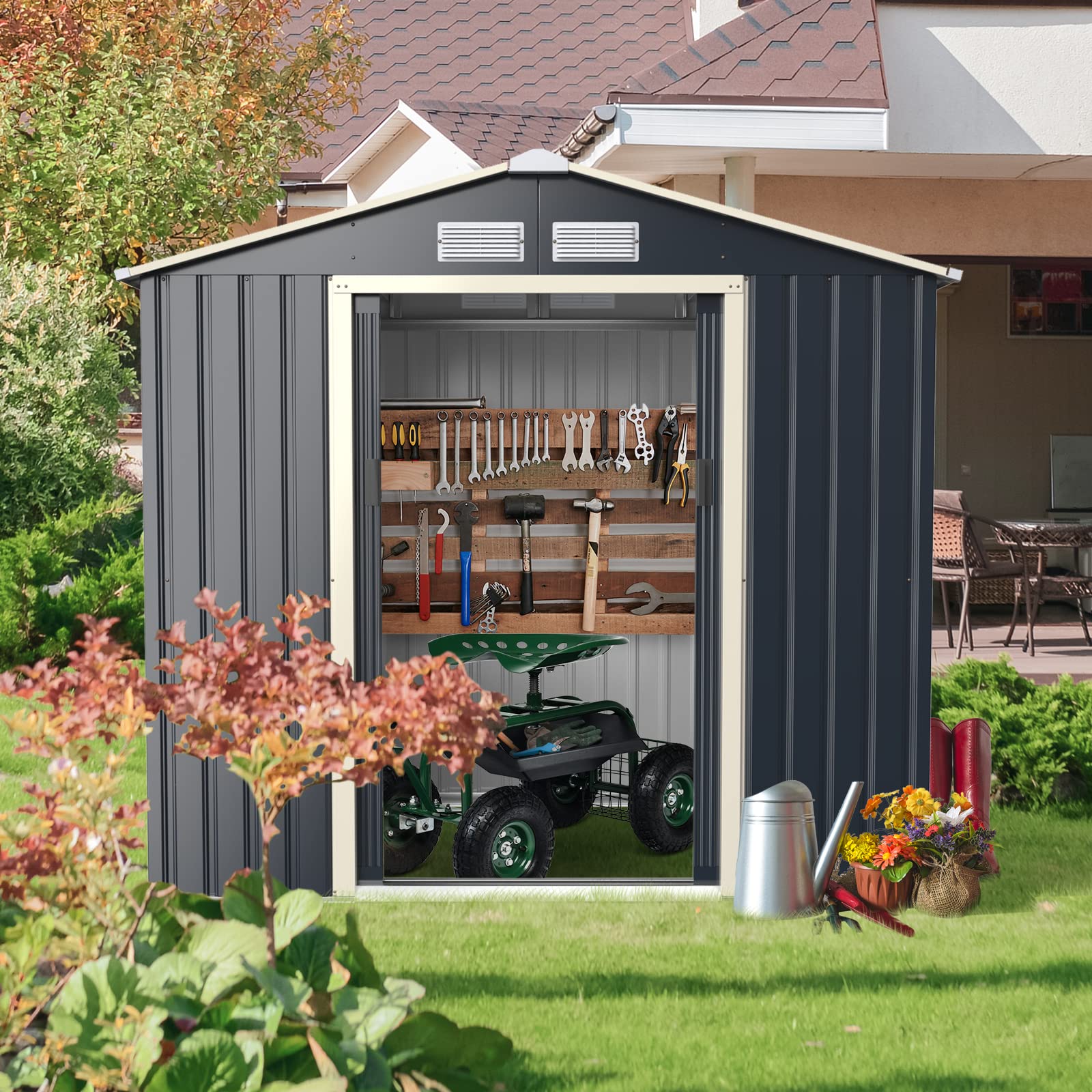 Goplus Outdoor Storage Shed, 7' X 4' Metal Garden Shed with 4 Vents & Double Sliding Door, Utility Tool Shed Storage House for Backyard, Patio, Lawn